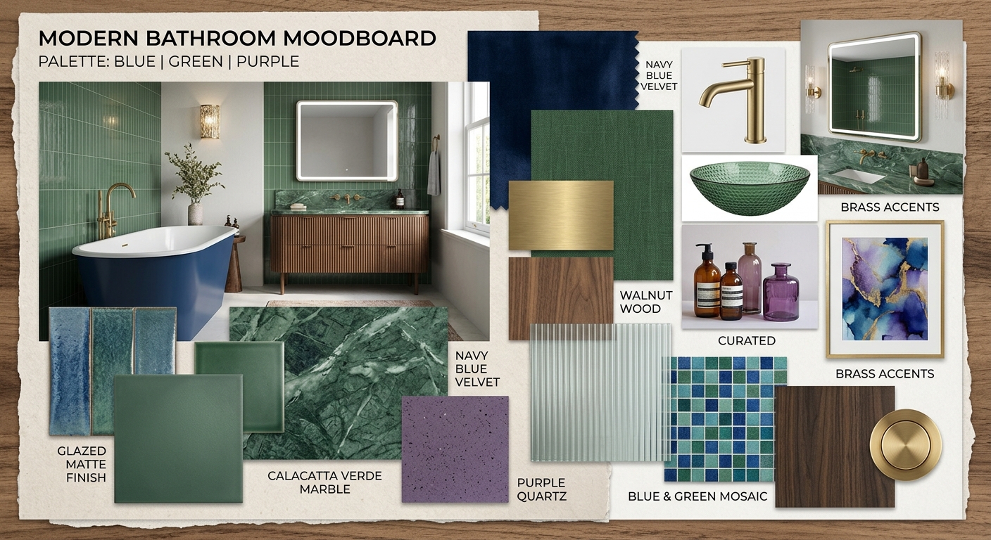 Warm modern bathroom with floating oak vanity, textured stone tile, frameless shower, and layered lighting for 2026