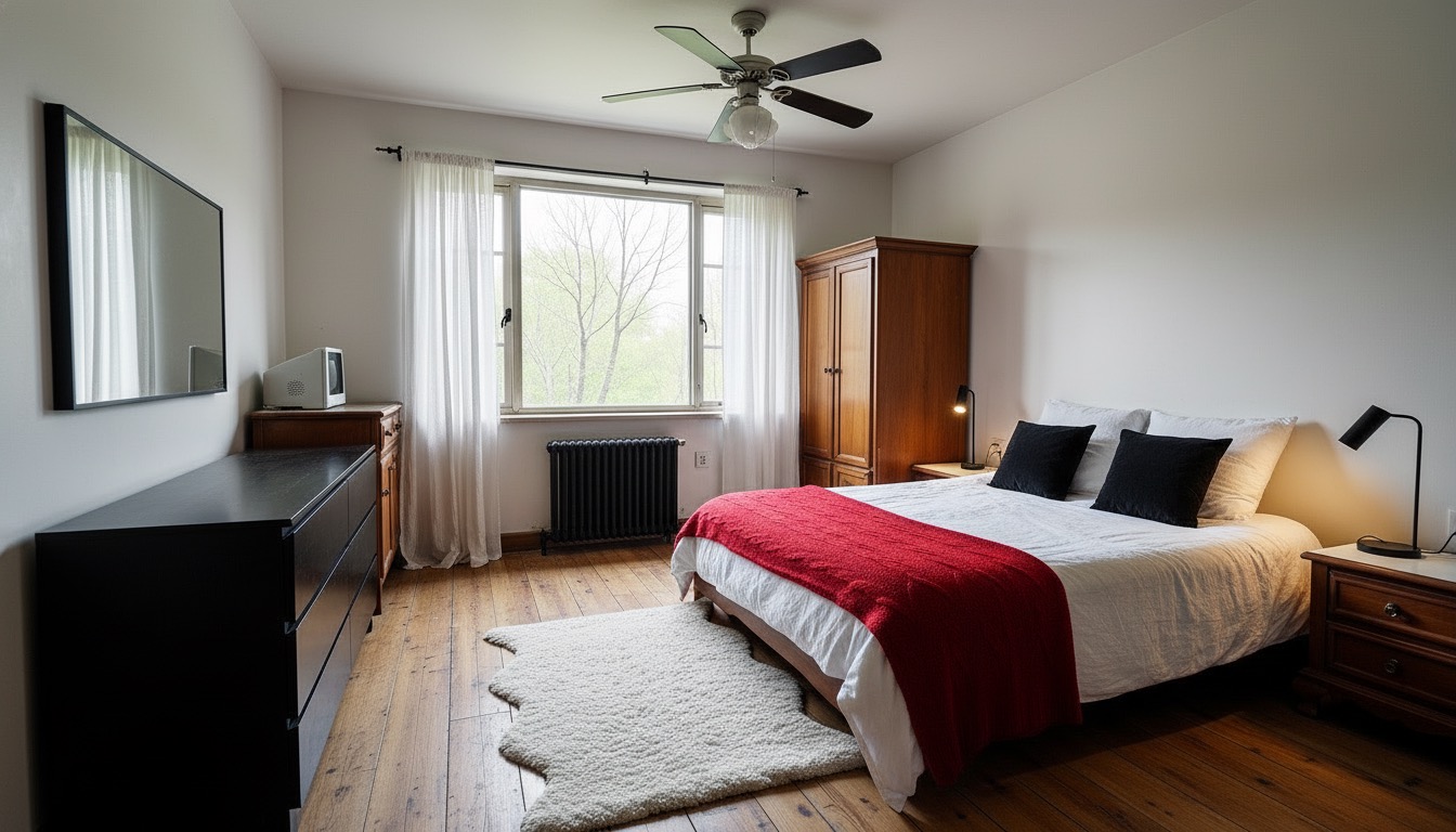 Layered master bedroom with upholstered bed, warm wood tones, soft textiles, and ambient lighting for a 2026 retreat